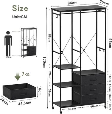 Штанга для одягу, міцна, для шафи - окремостояча портативна шафа-гардероба з колесами, дерев&39яною стільницею, сталевим каркасом, тканинними висувними ящиками та регульованими полицями, чорна