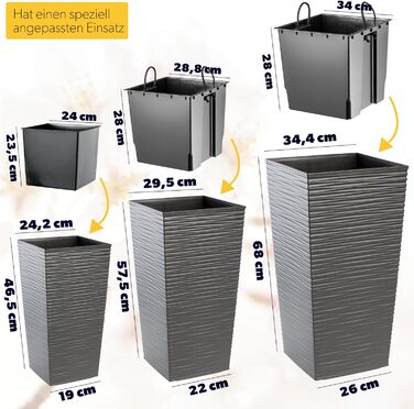 Набір з 3 рослинних горщиків KADAX з внутрішніми горщиками, висота 46,5/57,5/68 см, графіт міцні та всепогодні пластикові горщики для квітів, горщики для використання в приміщенні та на вулиці, висота 46/57/68 см, графіт