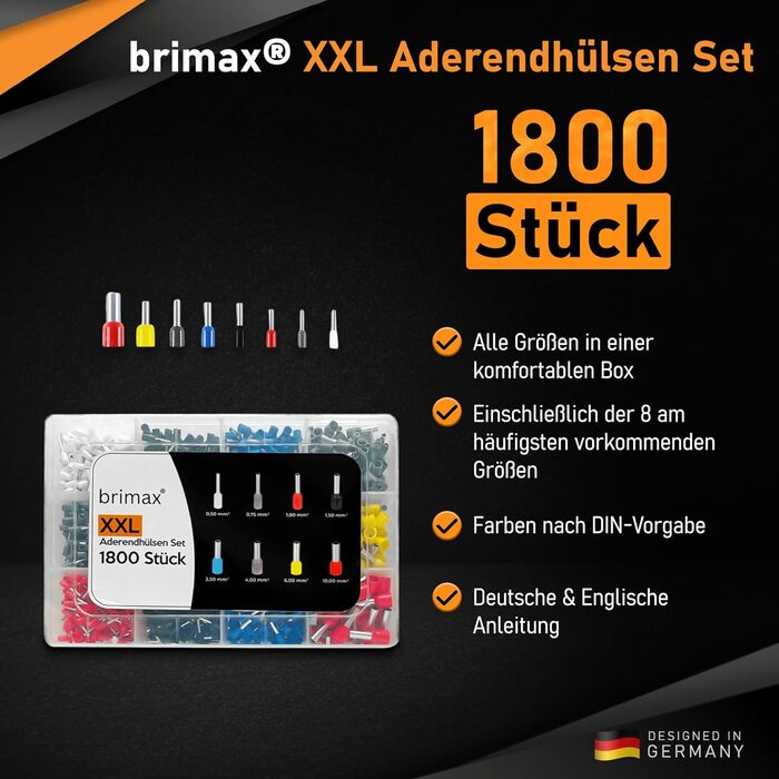 Набір обтискних кліщів BRIMAX 1800 штук Квадратні обтискні кліщі Ребриста ручка Обтискні кліщі Плоскогубці для 0,25-10 мм2 Набір обтискних інструментів Обтискні плоскогубці Електроінструмент