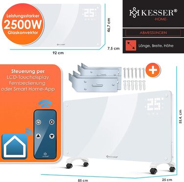 Скляний конвекторний обігрівач KESSER, електричний радіатор із застосунком, функцією Wi-Fi та пультом дистанційного керування Окремостоячий або настінний Сенсорний екран РК-дисплей Таймер 2500 Вт Білий