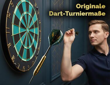 Професійна сизалева мішень для дротиків, бірюзового кольору із золотим кільцем з номером та стрілками - Професійна сталева мішень для дротиків - Мішень для дротиків з 6 металевими наконечниками, золотими стволами для дротиків та держаками