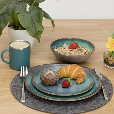 Набір меламінового посуду Jesolo зелений для 2 осіб - з чашками з нержавіючої сталі, вигляд кераміки, можна мити в посудомийній машині, кемпінговий посуд, караван, кемпінг, фестиваль - чашка з нержавіючої сталі бірюзового кольору