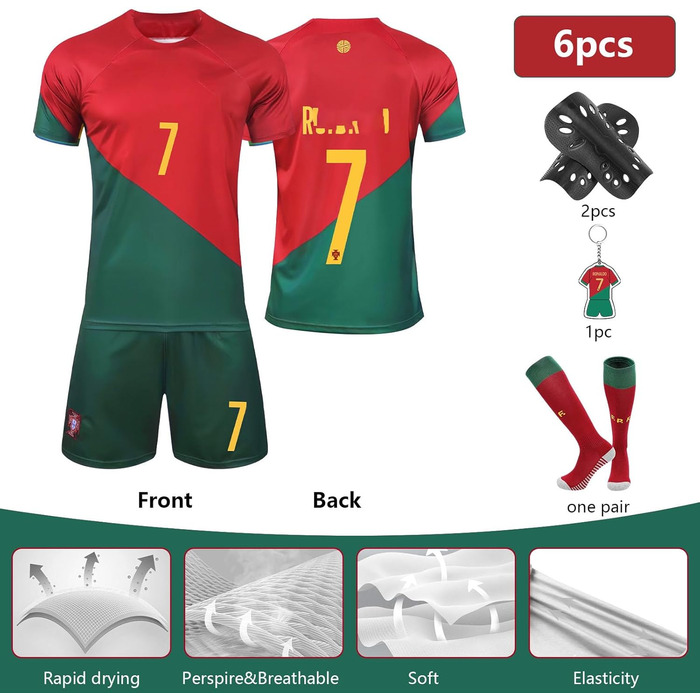 Дитяча футбольна майка, футбольні майки, футбольна футболка, шорти, комплект дитячої футбольної майки з щитками для гомілок, шкарпетками та брелоком для хлопчиків, червоний, 6-7 років