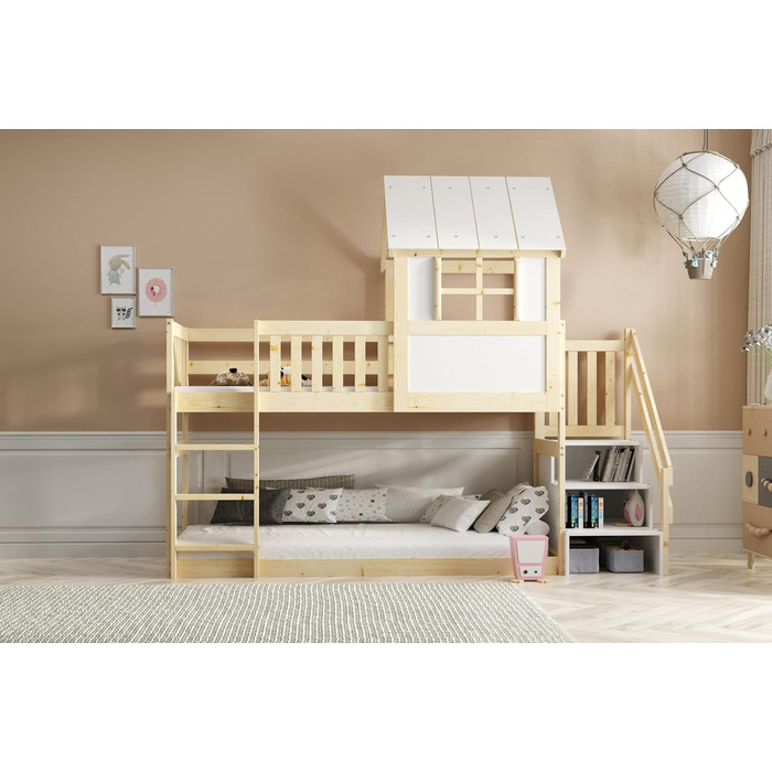 Ліжко-горище Interbeds 200x90 см з гіркою та сходами Двоярусне ліжко Дерев&39яне ліжко Дитяче ліжко з рейковою основою Ігрове ліжко (зі сходами)