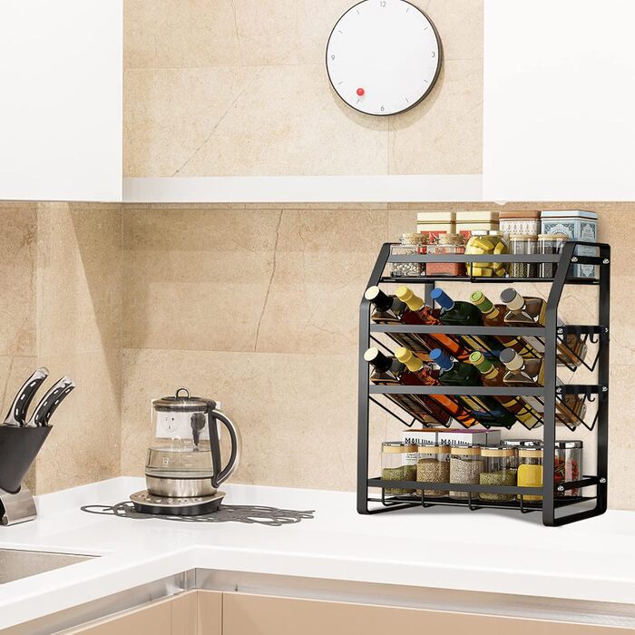 Постійна полиця для спецій, 4 яруси, металева полиця для спецій, не потребує свердління, підставка для спецій, тримач для спецій, органайзер для банок для спецій з 8 гачками, кухонна полиця для зберігання спецій - тип A