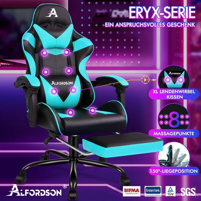 Офісне крісло ALFORDSON з масажем, ігрове крісло, ергономічне ігрове крісло з підставкою для ніг, масажна подушка для попереку з підставкою для ніг, обертове крісло, вантажопідйомність 180 кг, блакитний колір