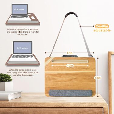 Стіл-підставка на коліна з подушкою, для ноутбука до 15,6 дюймів, з кишенями для зберігання. Портативне робоче місце для дому, університету, офісу (Світло-коричневий)