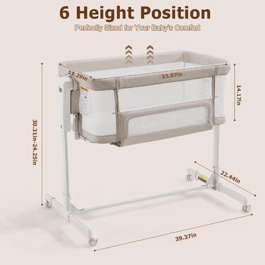 Дитяча колиска 3-в-1 &quotПоруч зі мною&quot для новонароджених, ліжко-гойдалка з бічним ліжком, дихаючою сіткою та безшумними поворотними колесами на 360 з фіксатором, регульована на 6 рівнів висоти, вівсянка