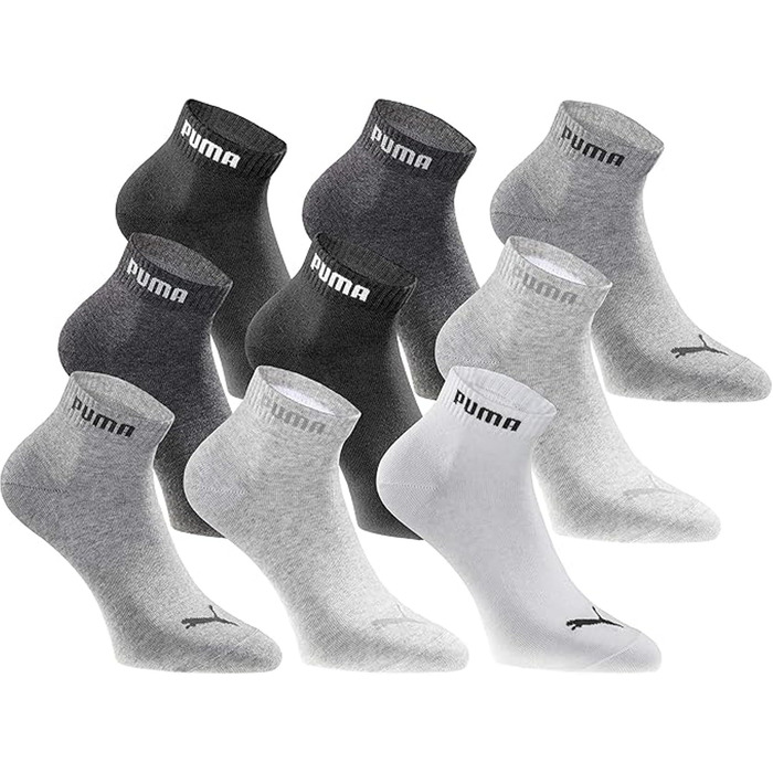 Шкарпетки PUMA Quarter Socks, упаковка з 18 пар, Statement Edition - жіночі та чоловічі розміри 43-46, чорні, білі, сірі