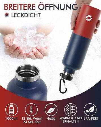 Пляшка для води FEIJIAN з нержавіючої сталі 1 л з карабіном - герметична термос для газованих напоїв, кави, чаю, без BPA, спортивна та туристична пляшка для води з газованими напоями, для університету, школи, кемпінгу, велоспорту, синьо-червона, 1000 мл