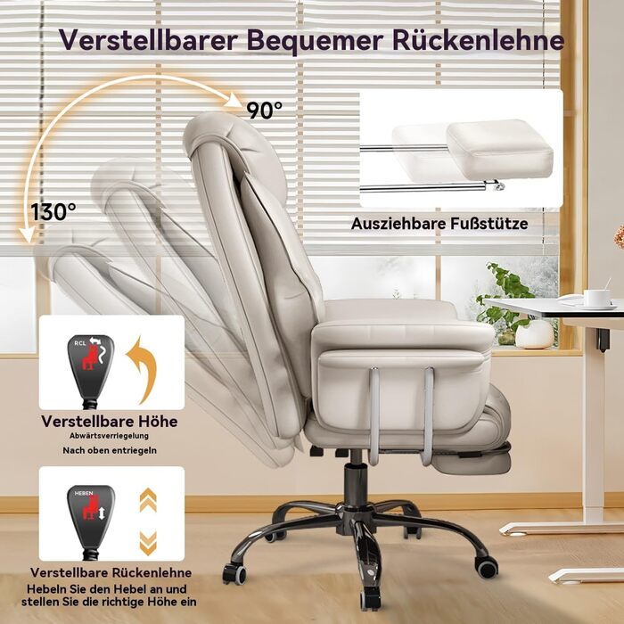 Велике та високе офісне крісло, вантажопідйомність 250 кг, надзвичайно широке шкіряне крісло керівника з висувною підставкою для ніг, міцне ергономічне крісло, комп&39ютерне крісло з регульованою висотою, біле, 59*49*120