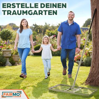 Зручний металевий рівняльник для газону (75x35 см) від Fairmo для насиченого зеленого газону - рівняльник для газону з ручкою 2 метри - інструмент для догляду за газоном з вирівнюючими зубцями - широкий граблі для піскування газону