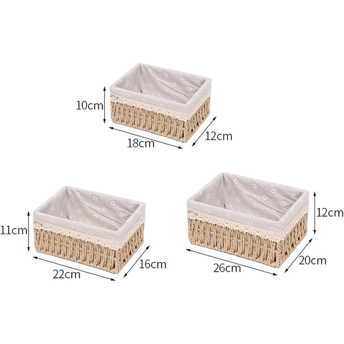 Набір кошиків для зберігання з 3 шт. з кришками Плетені кошики з паперової мотузки з бавовняною підкладкою, коробка в стилі бохо для іграшок, ванна кімната, вітальня Натуральний колір та штабелюються (бежевий)