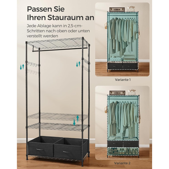 Вішалка для одягу SONGMICS, Відкрита шафа, Шафа з дротяними полицями, Вішалка для одягу з 2 шухлядами та рейкою для одягу, Окремостояча, Чорно-чорна LGR411B02