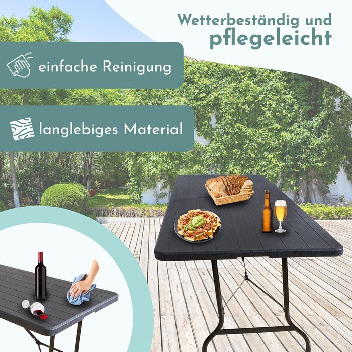 Розкладний стіл Lemodo 180 x 75 см Складаний садовий та фуршетний стіл до 150 кг, міцний стіл для вечірок з всепогодного чорного дерева, компактне зберігання у вигляді валізи з ручкою для перенесення, дерево/чорний