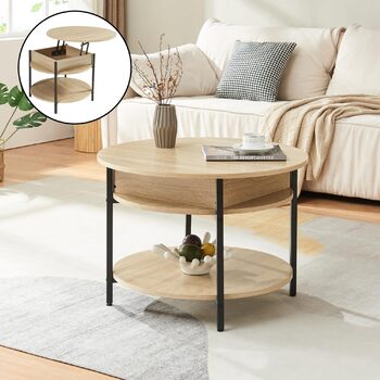 Круглий журнальний столик з підйомною стільницею, стіл для вітальні Kanda з місцем для зберігання, Ø70 x 49 см, невеликий столик з регульованою висотою та металевим каркасом, під дуб