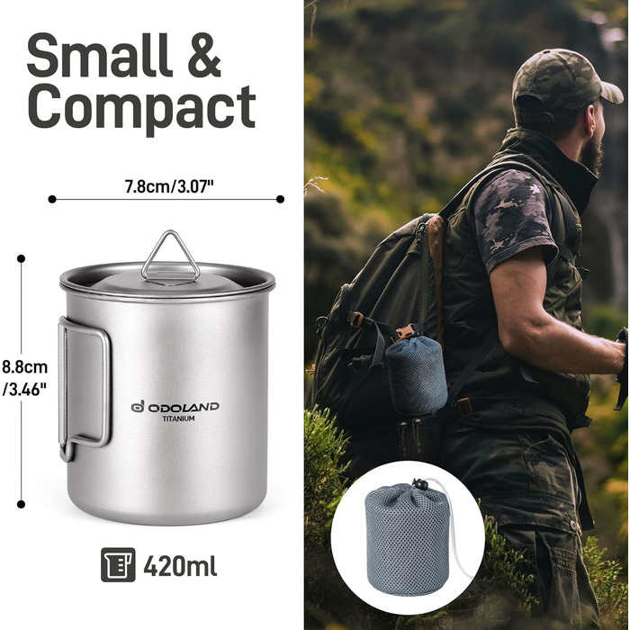 Титановий кемпінговий посуд Odoland, кемпінгова плита 420 мл/750 мл титанова кружка, кемпінгова титанова кавова чашка з кришкою та спіраллю, складна ручка для кемпінгу, походів, подорожей