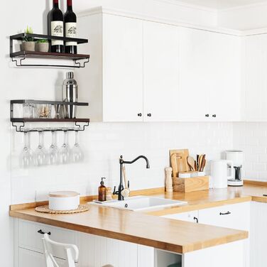 Настінна винна полиця B4Life з тримачем для келихів, набір із 2 дерев&39яних стійок для винних келихів, вінтажна підставка для пляшок із плаваючих полиць із келихами, настінна винна полиця з тримачами для їдальні, дому, бару, кухні