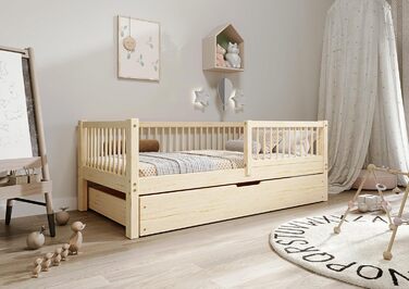 Дитяче ліжко 80x160 з шухлядою - Нефарбоване дерев&39яне ліжко - Односпальне ліжко для дітей з рейковою основою та знімними захисними поручнями - Вантажопідйомність до 100 кг - виготовлено з сосни 1 класу 80x160 Нефарбована деревина