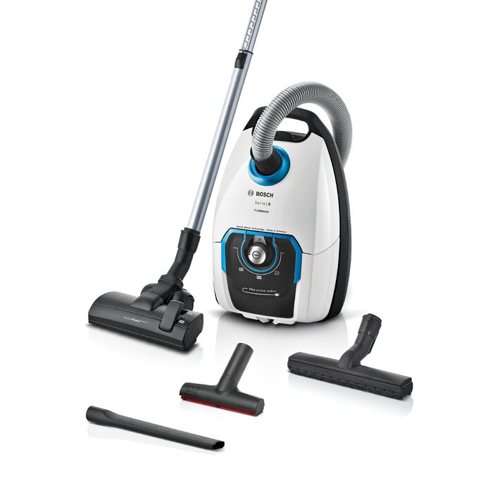Пилосос із мішком Bosch ProSilence Serie 8 BGB75XSIL, для всіх типів підлоги та алергіків, гігієнічний фільтр, гарантія на двигун 10 років, насадка для твердих поверхонь, довгий кабель, Made in Germany, 650 Вт, білий (Переможець тестів 2024)