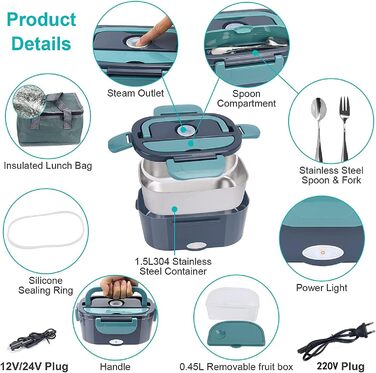 Електричний ланч-бокс XREXS, 3 в 1 (12 В/24 В/220 В) 60 Вт 1,5 л підігрівач їжі для автомобіля, електричний ланч-бокс з нержавіючої сталі/вантажівки, для дому, кемпінгу, портативний підігрівач бенто 60 Вт з виделкою та ложкою