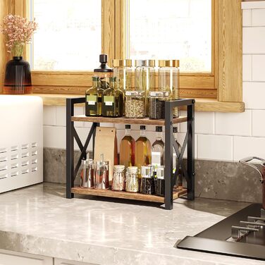 Стелаж для спецій, 2-рівневий органайзер та тримач, полиця для зберігання, промислова кухонна полиця, для кухні, офісу, вітальні та ванної кімнати, вінтажний коричневий та чорний XSR28BR