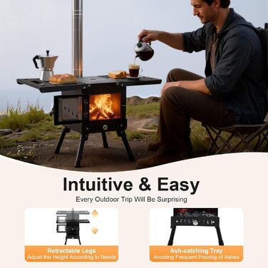 Складана кемпінгова дров&39яна піч, наметова піч, портативна наметова плита, кемпінгова піч з димоходом, садова піч, вулична піч, кемпінгова піч, міні-дров&39яна піч з регульованою висотою 36-56 см, для активного відпочинку на свіжому повітрі