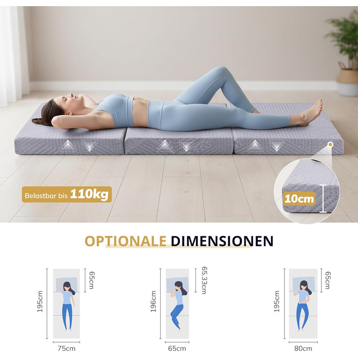 Складаний матрац EGO Home 65x196 см, 3-секційний складаний матрац, рівень жорсткості H3, висота 10 см, складаний матрац з гелевого пінопласту 196x65 см для подорожей, кемпінгу, використання на свіжому повітрі, підлога, гостьове ліжко, сертифікований Oeko-