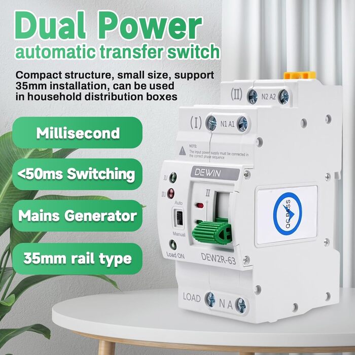 Автоматичний перемикач DEWIN, перемикач на DIN-рейку, подвійний автоматичний перемикач живлення ATS, електричний перемикач 2P 63A 220V