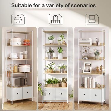 Окремостояча полиця WOLTU, книжкова полиця з 5 полицями та 2 шухлядами, настільна полиця для вітальні, кухні, кабінету, спальні, з металевим каркасом, 63x187x30 см, світлий дуб білий, RGB62whe 63x30x187 см Світлий дуб білий