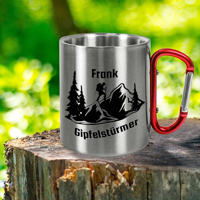 Кружка з нержавіючої сталі з карабіном, приблизно 330 мл, персоналізований подарунок &quotАльпініст на вершину&quot для альпіністів, любителів гір, чоловіків та жінок - металева кружка з назвою - для кемпінгу на природі - червона ручка, без кришки