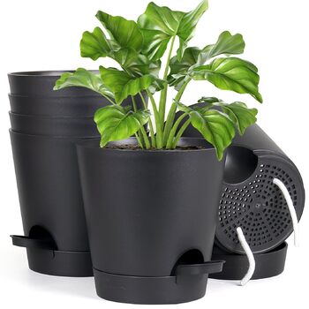 Набір з 6 самополивних квіткових горщиків, горщики для рослин 17,8 см із системою поливу, кашпо з блюдцем, набір квіткових горщиків, ідеально підходить для кімнатних та балконних садів, чорний 17,8 см чорний