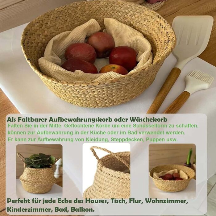 Кошики для зберігання морської трави, круглий кошик для білизни з ручкою, плетений кошик з натуральних матеріалів, кошики для рослин, складний кошик на животі для зберігання ковдр, рослин, іграшок (XXL 38x34 см), 2