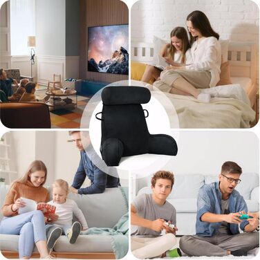 Подушка для читання - Оксамитова подушка для читання для сидіння в ліжку, для дорослих, подушка для спини для сидіння в ліжку з круглою подушкою, подушка для спини та підлокітників з підлокітником та кишенею та чохлом, що прається, чорна