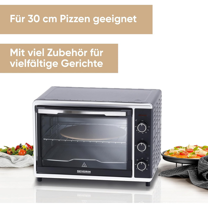 Духова шафа SEVERIN з функцією конвекції, міні-піч з решіткою для гриля, деком для випікання, грилем і каменем для піци, універсальна конвекційна піч ємністю 42 л, 1 800 Вт, чорна, TO 2058 42 л з практичним грилем і каменем для піци