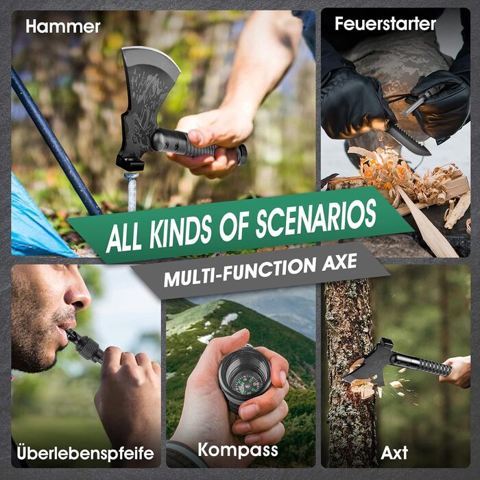 Тактичний сокира-мультитул Japaknives Survival Axt 10 в 1 сокира для розколювання дров, кемпінговий сокира з лезом, компасом та ножем для виживання. Подарунковий набір чорних сокир для кемпінгу, полювання та саду.