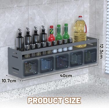Настінна полиця для спецій Soontrans, 40 x 10,7 x 12,3 см, Кухонна настінна полиця з 5 коробками для спецій, металева полиця для спецій (не потребує свердління), підвісна кухонна полиця, органайзер для спецій для кухонної стільниці та шафи