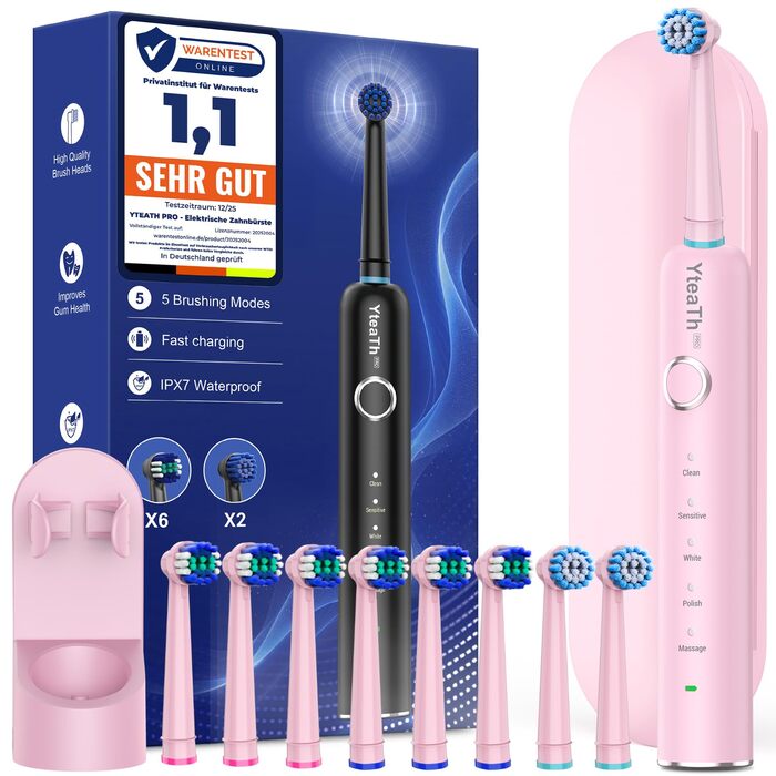 Обертова електрична зубна щітка для дорослих та дітей з 8 насадками, електрична зубна щітка з настінним тримачем та зарядною станцією, 5 режимів чищення та дорожній футляр, 60 днів роботи від акумулятора (Рожева)
