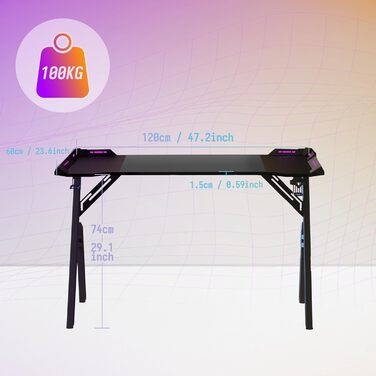 Ігровий стіл 120x60 см Ігровий стіл зі світлодіодним освітленням Комп&39ютерний стіл з карбоновою поверхнею Офісний стіл ПК з гачком для навушників та тримачем для напоїв, чорний 120 см