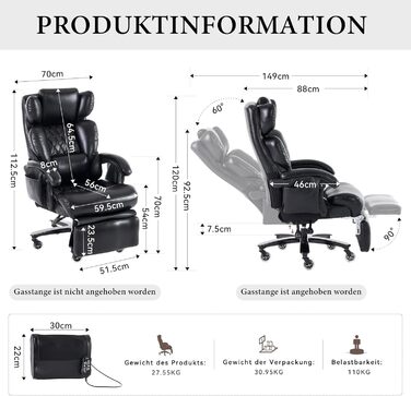 Офісні крісла, офісне крісло з підставкою для ніг та функцією масажу, офісне крісло зі штучної шкіри, поворот на 360, регульована спинка, до 150 кг, для офісу та домашнього офісу (чорне)