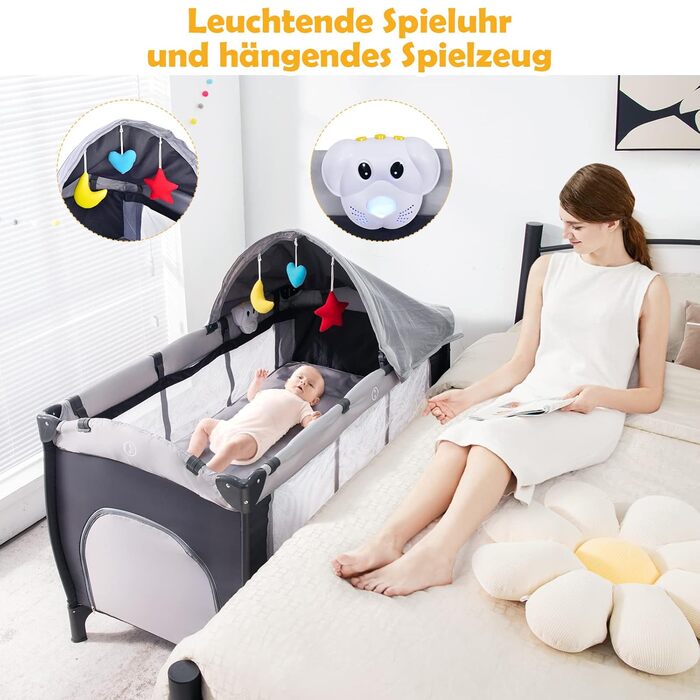 В 1 складне дорожнє ліжечко, люлька, пеленальний столик та манеж з функцією гойдання, в т.ч. музична шкатулка, ігрова дуга, пелена