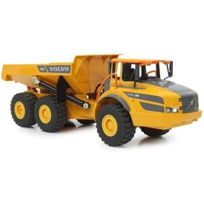 Позашляховий самоскид Volvo A40G 120 2,4GHz - реалістичне рульове управління, підйом/опускання кузова, реалістичний звук двигуна (з можливістю вимкнення), демонстраційний режим, повний привід, автоматичний режим очікування, жовтий, 405056