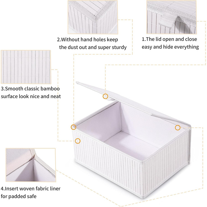 Біла скринька для зберігання Honygebia з кришкою декоративний бамбуковий кошик для зберігання, набір із 3 ротангових кошиків з кришками та тканими тканинними підкладками для ванної кімнати, кухні та організації полиць (великий/середній/малий)