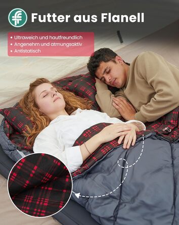 Подвійний спальний мішок KingCamp, бавовняний фланелевий зимовий спальний мішок для 2 осіб, тепла ковдра-спальний мішок, 3-4 сезони з 2 фланелевими подушками для дітей та дорослих, кемпінг, подорожі та активний відпочинок, довгий - сірий