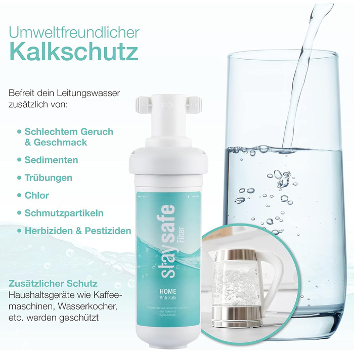 Набір фільтрів для води staysafe ANTIKALK, включаючи безкоштовні аксесуари Гранулят захисту від вапняного нальоту виробництва Німеччини Фільтр для води під раковиною проти забруднюючих речовин у водопровідній воді Швидко встановлюється фільтр для води від