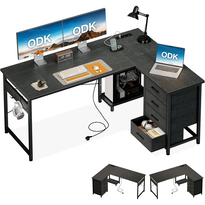 Кутовий письмовий стіл ODK з 4 шухлядами, 135100 см, L-подібний стіл з розеткою та портом зарядки USB, двосторонній стіл з місцем для зберігання для домашнього офісу та ігор, чорний 135 100 см