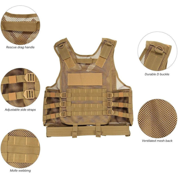 Чоловічий тактичний жилет Lejie Tactical Vest Чоловічий жилет на відкритому повітрі з кишенями - тактичний жилет для полювання риболовлі кемпінгу Airsoft Пейнтбол Військовий 58 * 40см TAN