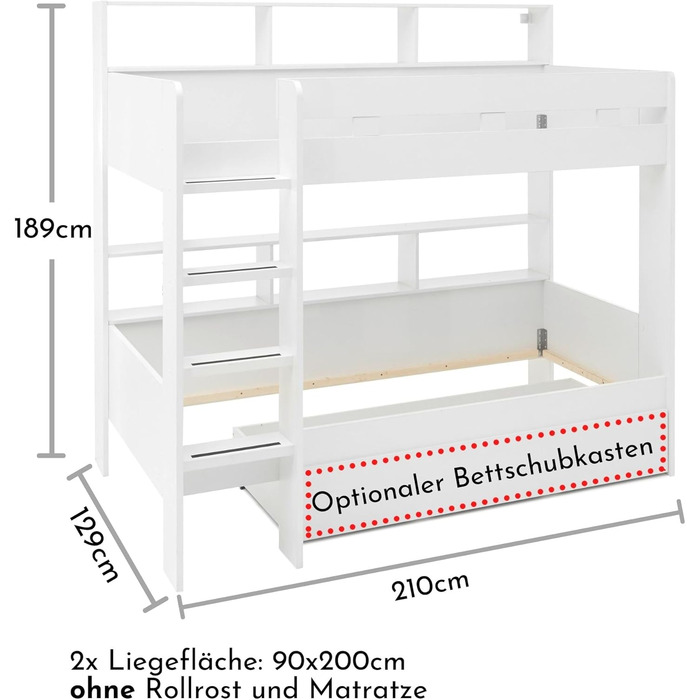 Сучасне ліжко-горище зі сходами та двома поверхнями для лежання 90 x 200 см - Компактне дитяче двоярусне ліжко білого/антрацитовог