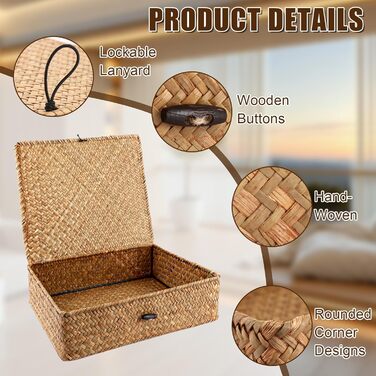 Кошики з натуральної морської трави з кришками - Ротангові кошики з кришками - Плетені кошики з морської трави - Прямокутні плетені кошики з ротанга - Кошики для зберігання речей для ванної кімнати, вітальні, кухні, 3