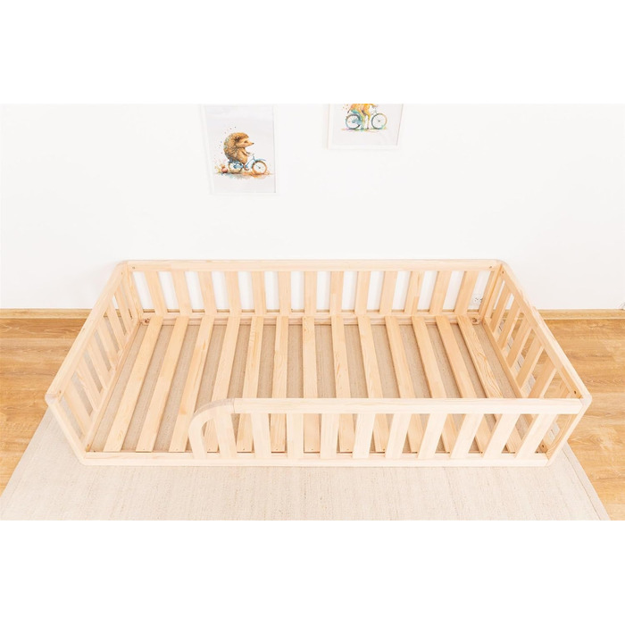Ліжко Монтессорі, підлогове ліжко з рейковою основою, ліжко з захисними поручнями, дитяче ліжко, дерев&39яне ліжко з каркасом для хлопчиків та дівчаток, 200x120 см, натуральне дерево 200x120 см натуральне дерево - отвір для ліжка ліворуч